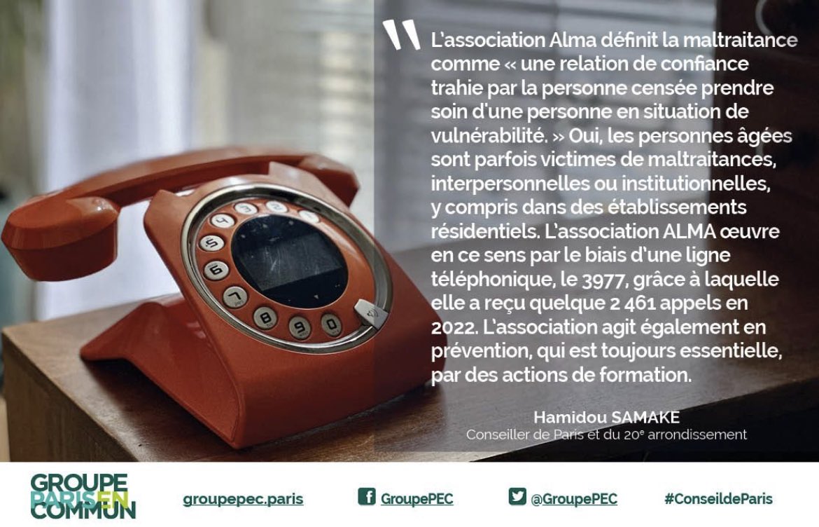 « L’association Alma œuvre pour lutter contre la maltraitance des personnes en situation de vulnérabilité comme les personnes âgées. Elle agit également en prévention, par des actions de formations. » <a href="/hamidou_samak/">Hamidou Samaké</a> #ConseildeParis