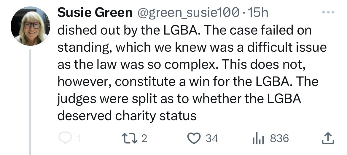 BarbaraRich_law's tweet photo. Former CEO of Mermaids is wrong. They failed on standing because Mermaids could not meet the legal test on the facts, not because the law is “so complex”. The judges gave no reasons at all for their lack of agreement on LGBA’s charitable status. LGBA remains a registered charity https://t.co/RL3EqoVCY4