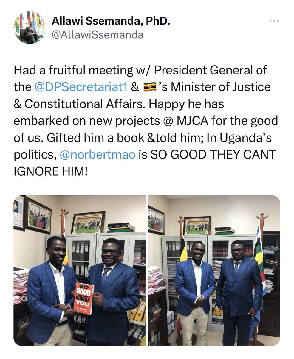 Norbert Mao (@norbertmao) on Twitter photo I first met <a href="/AllawiSsemanda/">Allawi Ssemanda, PhD.</a> when he was a young student. I saw his promise and encouraged him. Now he has earned a PhD and even done a postdoctoral fellowship. I welcome you back home. Keep being independent minded telling us the truth. Thank you for the gift of a book. I first met <a href="/AllawiSsemanda/">Allawi Ssemanda, PhD.</a> when he was a young student. I saw his promise and encouraged him. Now he has earned a PhD and even done a postdoctoral fellowship. I welcome you back home. Keep being independent minded telling us the truth. Thank you for the gift of a book.