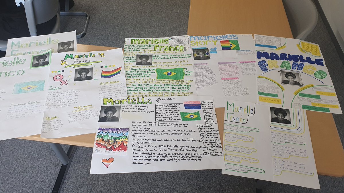 MrsStockleyMS's tweet photo. As part of our S3 Brazil topic, pupils have been learning about the life of Marielle Franco and creating posters about her background and the causes she believed in @aniellefranco @inst_marielle 🇧🇷🏴󠁧󠁢󠁳󠁣󠁴󠁿 https://t.co/eauRa0cJmX