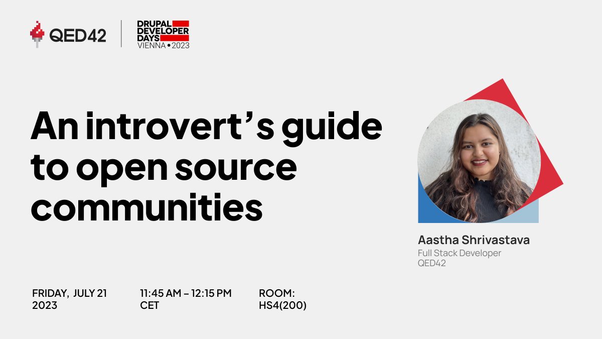 qed42's tweet image. Get ready for #DrupalDeveloperDays in Vienna, Austria this year! @Shriaas2898 is presenting a session on how as introverts, you can find your community, build relationships, and contribute in a way that works for you. Check event details here - ddd23.drupalcamp.at