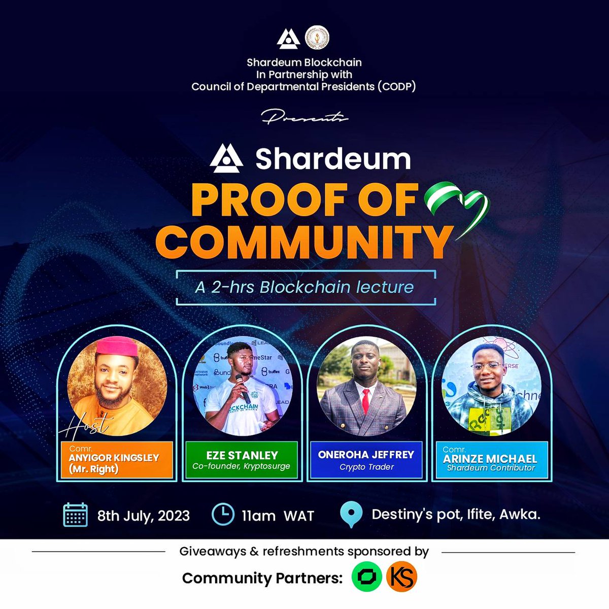 Shardeum will host it's first #ProofOfCommunity in Anambra State in collaboration with the Council of Departmental Presidents (CODP) University of Nnamdi Azikiwe Awka. 🇳🇬

Venue: Destiny Pot, Ifite Awka
Date: 8th June 2023
Time: 10:00am UTC

Register: lnkd.in/duMYWYBB