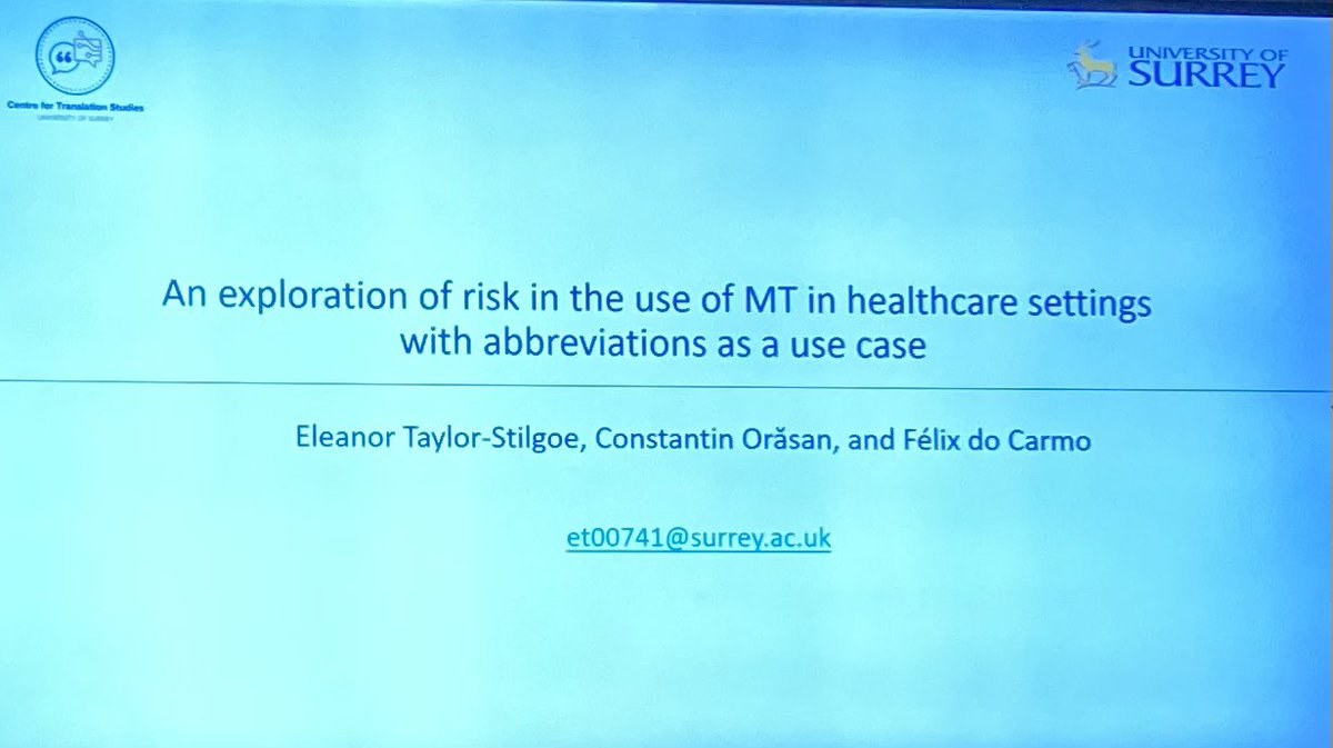 Lynne Bowker (@bowkerl) on Twitter photo Eleanor Taylor-Stilgoe is presenting research conducted jointly with @di_tri_nel & @felixcarmo on risks of using #MachineTranslation in health settings. Using medical abbreviations as a use case. Fascinating AND important research presented at #HiTIT2023 hosted at <a href="/UniOrientale/">Università di Napoli L'Orientale</a> Eleanor Taylor-Stilgoe is presenting research conducted jointly with @di_tri_nel & @felixcarmo on risks of using #MachineTranslation in health settings. Using medical abbreviations as a use case. Fascinating AND important research presented at #HiTIT2023 hosted at <a href="/UniOrientale/">Università di Napoli L'Orientale</a>