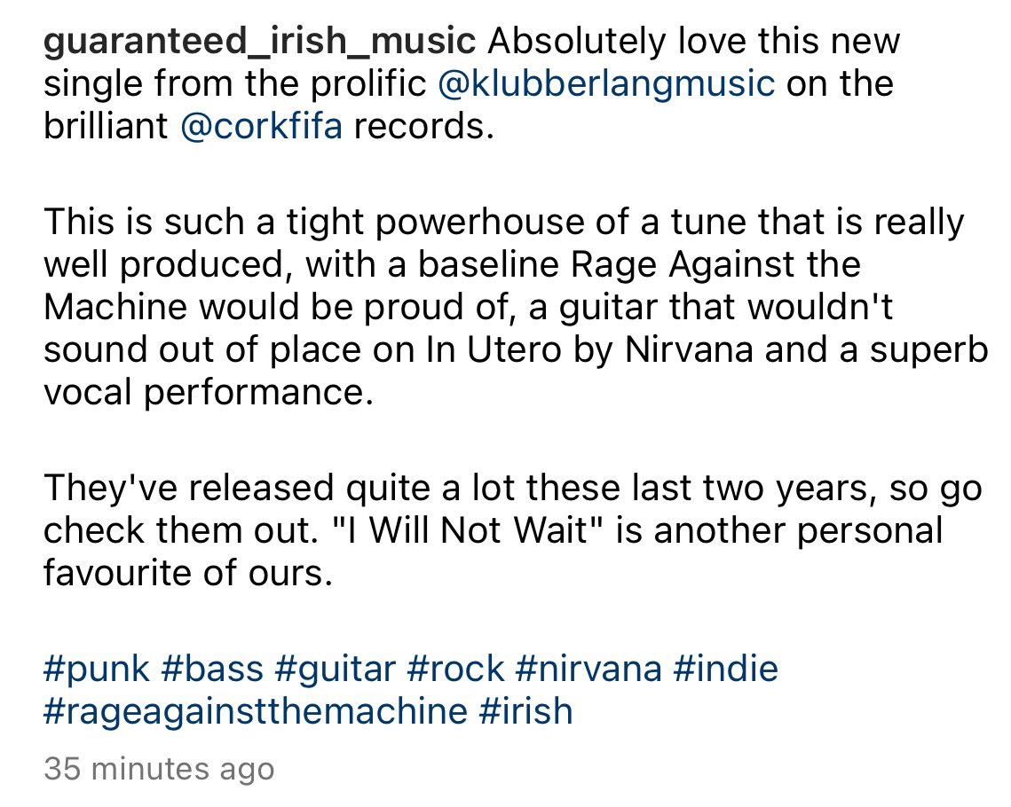 Love this from @IrishGuaranteed about our new single ‘100 Years’ Big thanks to them for sharing & for the support Song out now on all platforms, So check it out. @corkfifa @FIFARecordsPR @judith_fisher #klubberlang #100years klubberlang.bandcamp.com/track/100-years