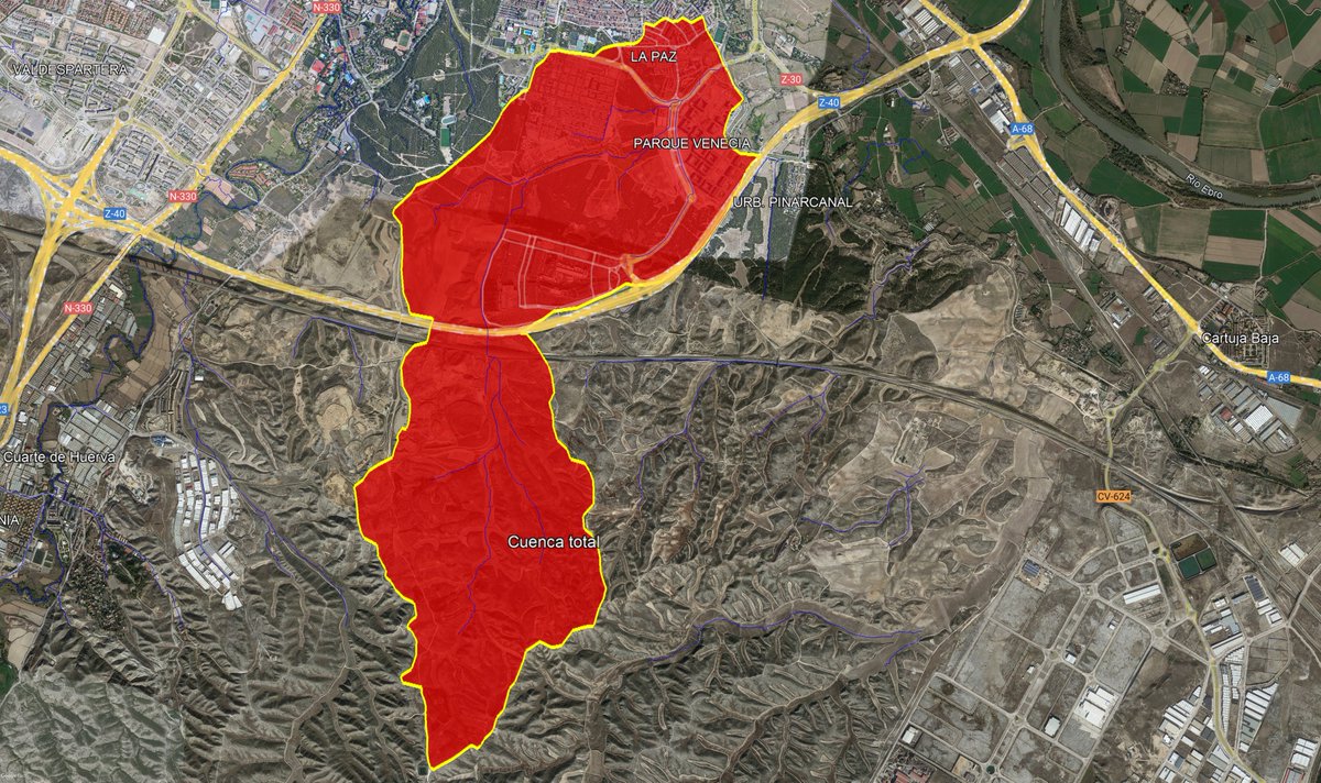 <a href="/Galactero/">Rafa 🌐</a> <a href="/IGEAR_Aragon/">IGEAR</a> <a href="/colegeografos/">Colegio de Geografos</a> <a href="/GeografosAragon/">Colegio de Geógrafos en Aragón</a> <a href="/Geografia_UZ/">Geografía Unizar</a> <a href="/GobAragon/">Gobierno de Aragón</a> <a href="/zaragoza_es/">AyuntamientoZaragoza</a> <a href="/ChuecaNatalia/">Natalia Chueca</a> <a href="/Jorge_Azcon/">Jorge Azcón</a> <a href="/AMPACdelBosque/">AMPA Claros del bosque del CEIP María Zambrano</a> <a href="/DelGobEnAragon/">Delegación del Gobierno en Aragón</a> <a href="/AVParqueVenecia/">Asociación vecinal "Somos Parque Venecia"</a>  salen nada menos que 815 hectáreas de cuenca... la mayoría desarboladas u ocupadas por áreas artificiales. Ese barranco merece atención, especialmente la zona alta, donde recibe la lluvia un terreno desnudo de yesos de difícil restauración forestal