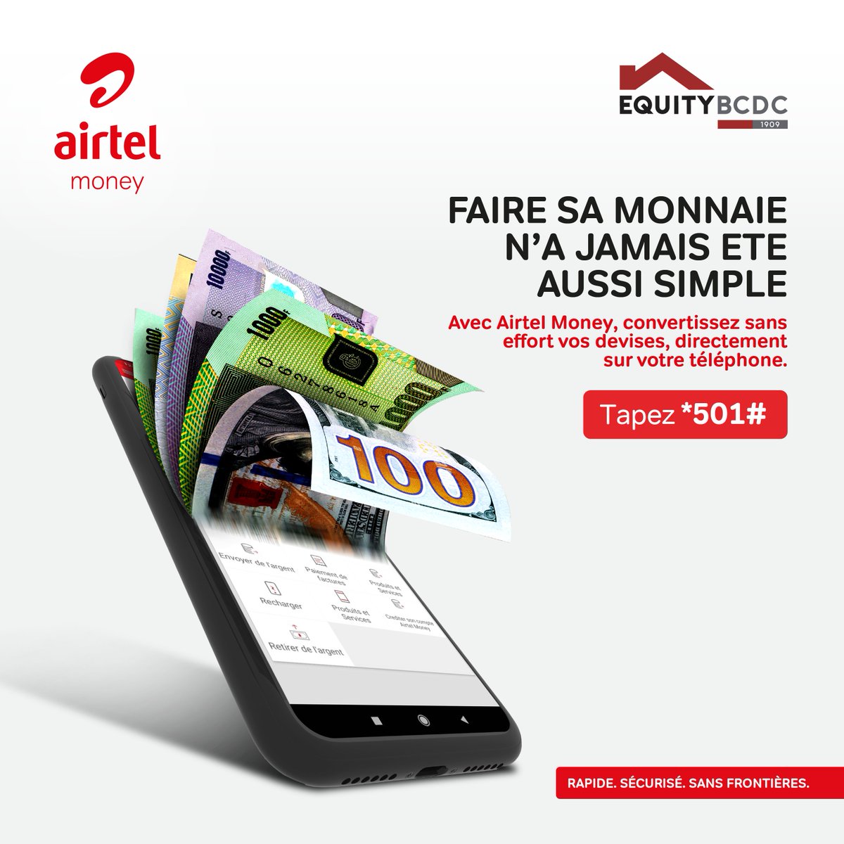 Le taux ne sera plus un frein pour effectuer une transaction, mais toi seul a la clé et le pouvoir de convertir tes dollars en francs rien qu’avec ton compte Airtel Money
Tape seulement *501#

#BureauDechange #TauxDeChange #AirtelMoneyRDC