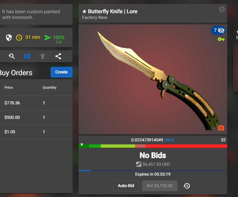 BlueLobster_CS's tweet photo. Someone just started an auction on a Butterfly Lore FN float: 0.022, which will only last for 6 hours on CSGOFloat.🦞🦞😮😮

The cheapest equivalent on sale is around 7000 USD right now. 💸💸💸💸
#csgoskins #CSGO #cs2 https://t.co/nywXa2JjFy
