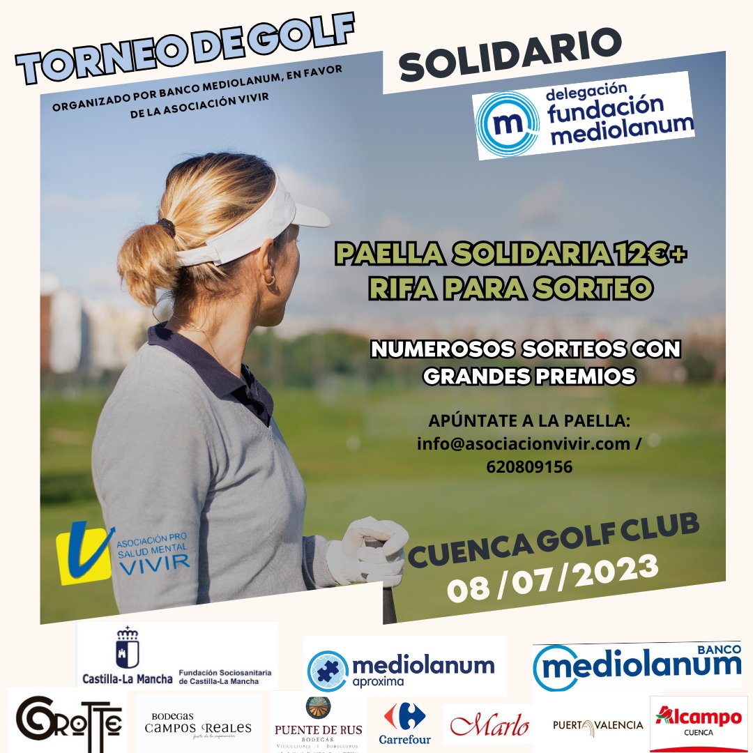 AsocVIVIR's tweet photo. ¡Gran velada la que nos espera mañana!Gracias a Banco Mediolanum y la Fundación Sociosanitaria de CLM hemos podido organizar un Torneo de Golf Solidario, evento que aunará deporte y convivencia entre población general, personas con problemas de salud mental, familiares y amigxs. https://t.co/ceSDVOrQRJ