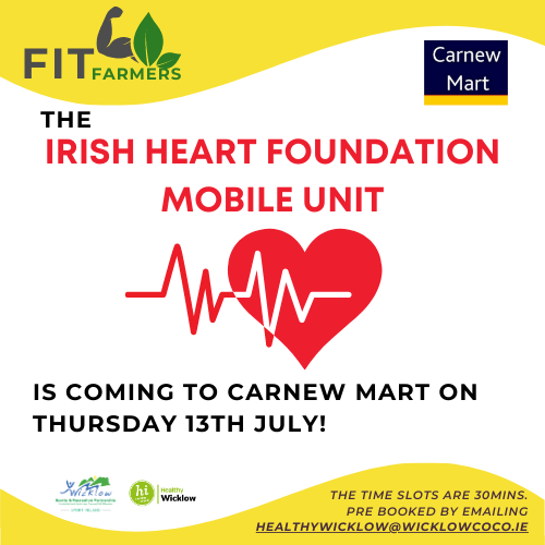 active_wicklow's tweet photo. Our #FitFarmers programme continues next week! The @Irishheart_ie Mobile Unit is coming to Carnew Mart on Thursday the 13th July.
The time slots are 30mins and can be pre-booked by emailing healthywicklow@wicklowcoco.ie
#ActiveWicklow #HeartHealth @wicklowcoco @HealthyIreland https://t.co/X6keKlBPUi