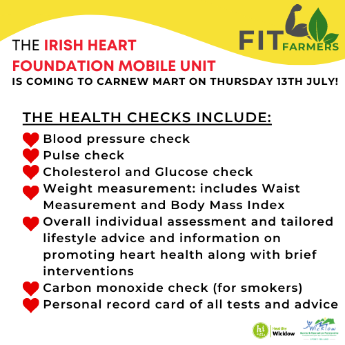 active_wicklow's tweet photo. Our #FitFarmers programme continues next week! The @Irishheart_ie Mobile Unit is coming to Carnew Mart on Thursday the 13th July.
The time slots are 30mins and can be pre-booked by emailing healthywicklow@wicklowcoco.ie
#ActiveWicklow #HeartHealth @wicklowcoco @HealthyIreland https://t.co/X6keKlBPUi