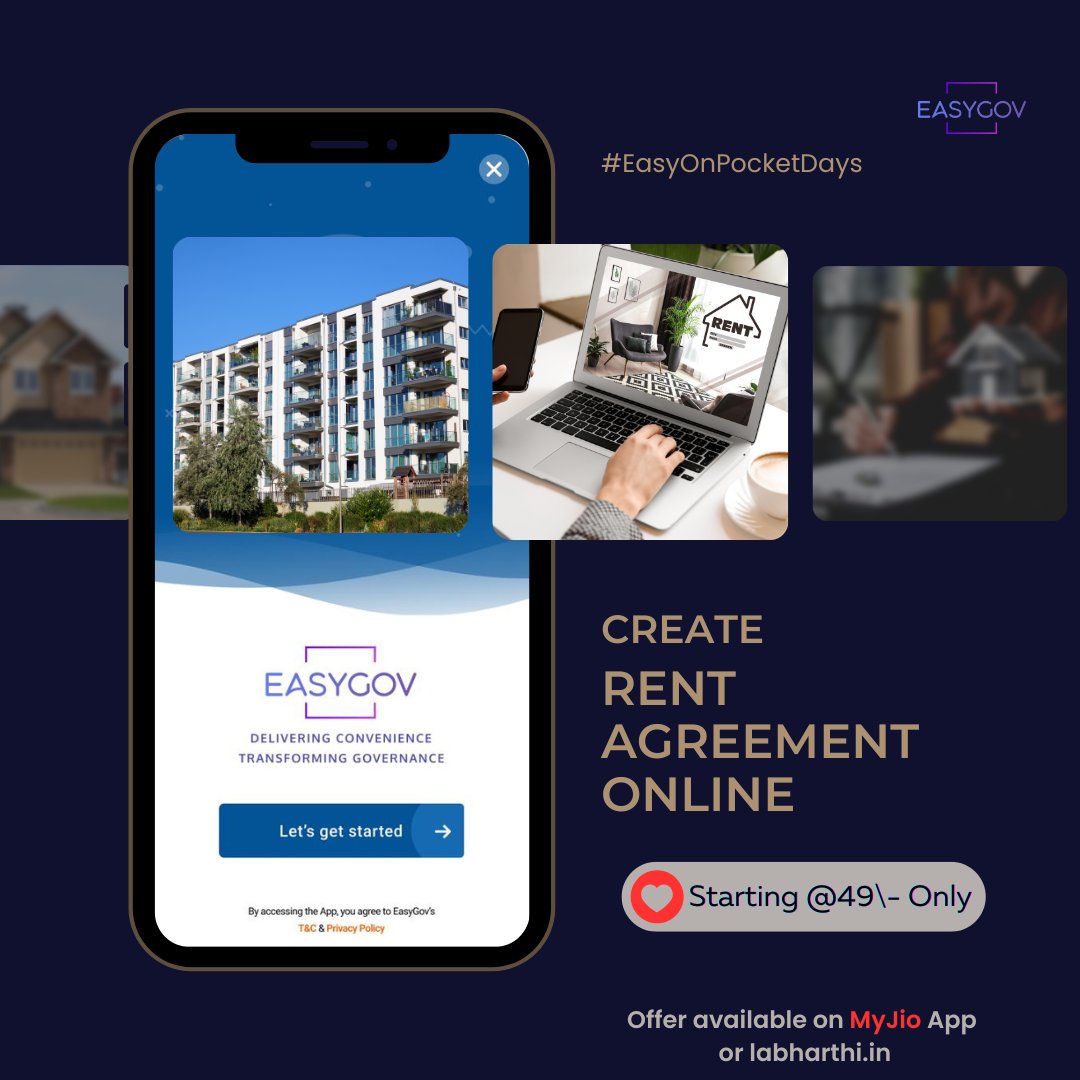 EasyGov's tweet image. Already tired of the exhausting process of house hunting and now worried about the rent agreement. Visit Jobs in MyJio App and apply for a Rent Agreement, starting at just Rs. 49/-.
#rentagreementonline #stamppaper #homedeliveryservice #citizenservices #offersale #myjioapp