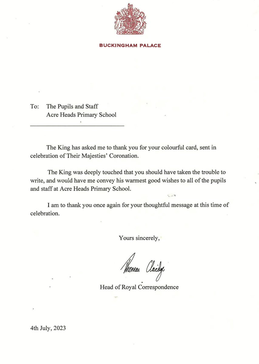 Acreheads7ST's tweet photo. We have received some very exciting post today….a card and personalised letter from the King and Queen thanking us for our coronation wishes!🤴👸✉️ #acreheads #english #writing #art https://t.co/wPOnsFJT2R