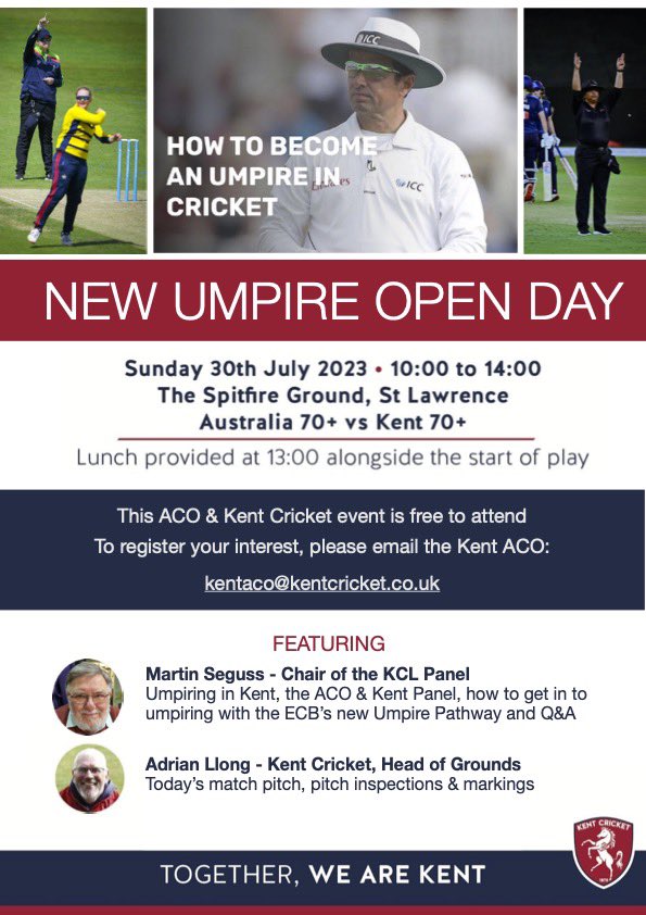 Ever thought about being an umpire? 
Do you want the best seat in the house?

On Sunday 30th July, <a href="/KUmpires/">Kent Cricket Umpires & Scorers</a> and <a href="/KentCricket/">Kent Cricket</a> are holding an open day at The Spitfire Ground!

The day is free to attend, with lunch provided, full info - including how to register - on the flyer ☝🏻🏏