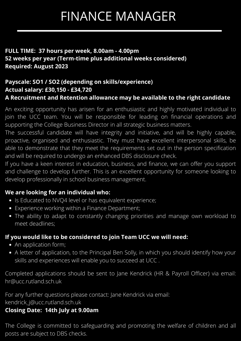 hr_ucc's tweet photo. Finance Manager Vacancy
Closing date: 14th July, 9.00am

A rare opportunity has arisen to join our Finance department. https://t.co/J7YqOiutzk