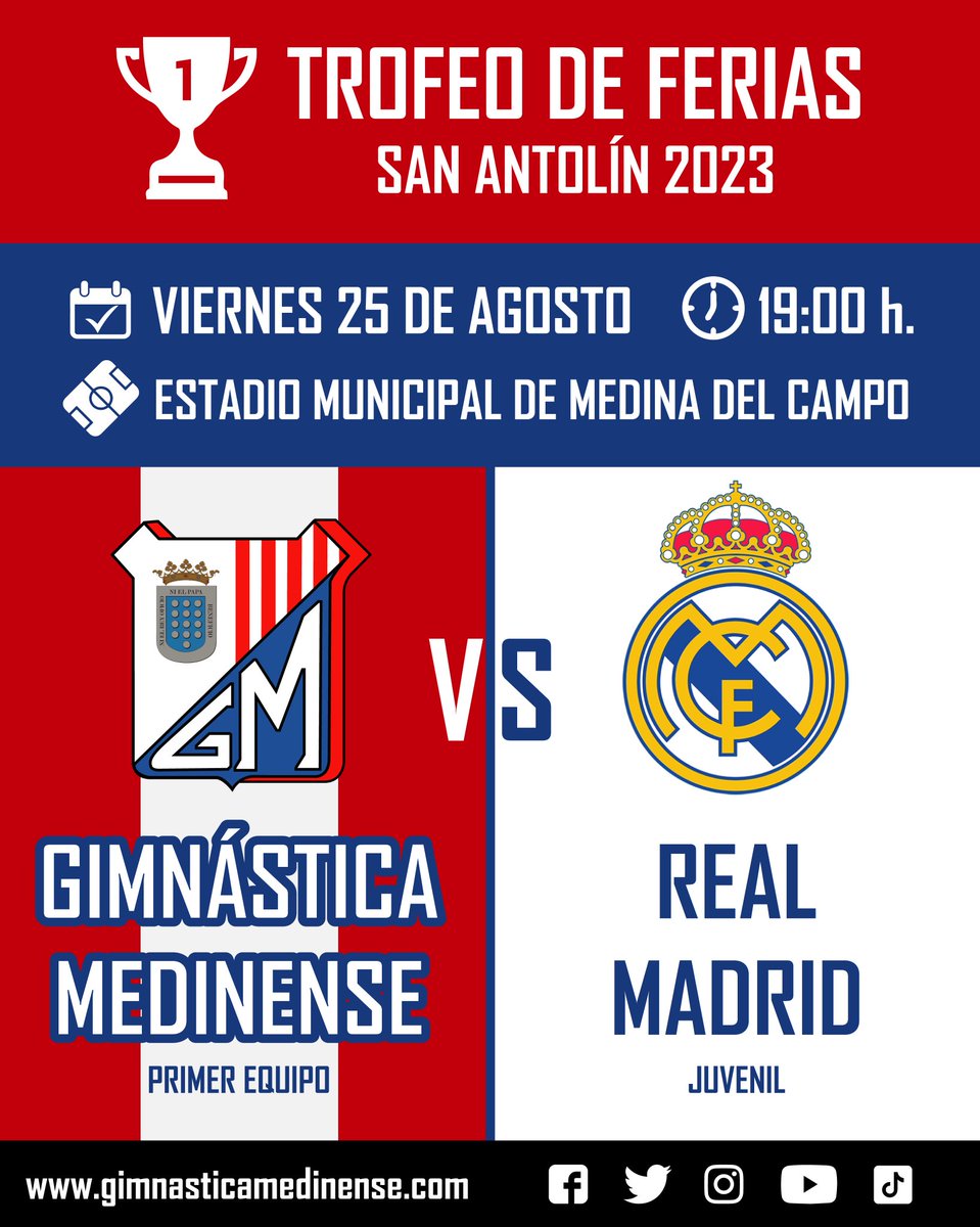 G_Medinense's tweet photo. 💥 ¡BOMBAZO! 💥

⚪ ¡El @REALMADRID JUVENIL (@lafabricacrm) es nuestro RIVAL para el TROFEO DE FERIAS - SAN ANTOLÍN 2023! 🏆

🤩 ¡NO TE LO PUEDES PERDER!

📆 Viernes 25 de Agosto
🕖 19:00 h.
🏟️ Estadio Municipal de Medina del Campo

🏰🦁 ¡HEMOS VUELTO!

🇦🇹 GIMNÁSTICA MEDINENSE ⚽ https://t.co/B733kgNwC3