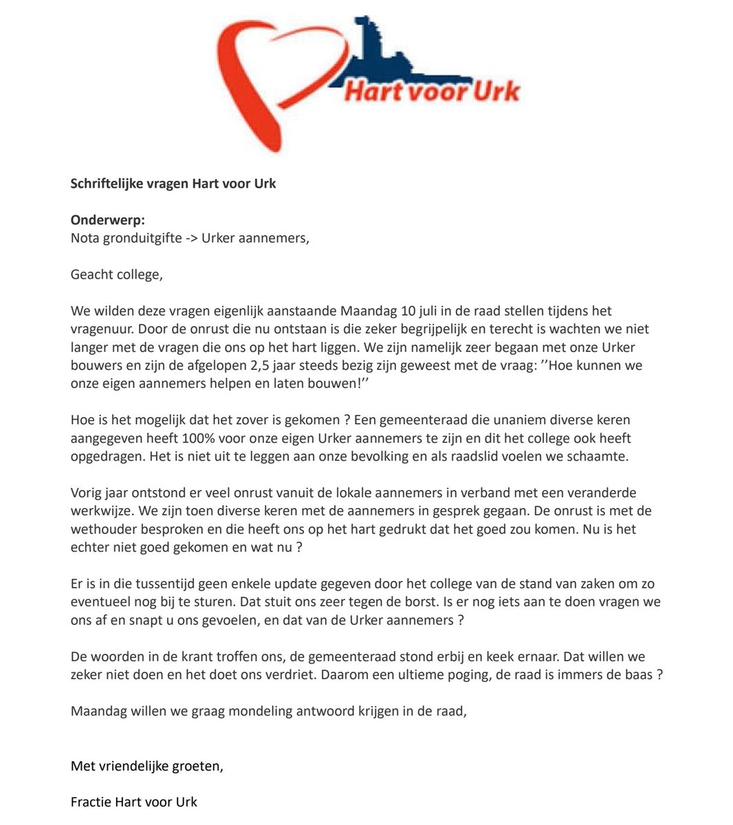 Hart voor Urk stelt schriftelijke vragen aan het college.