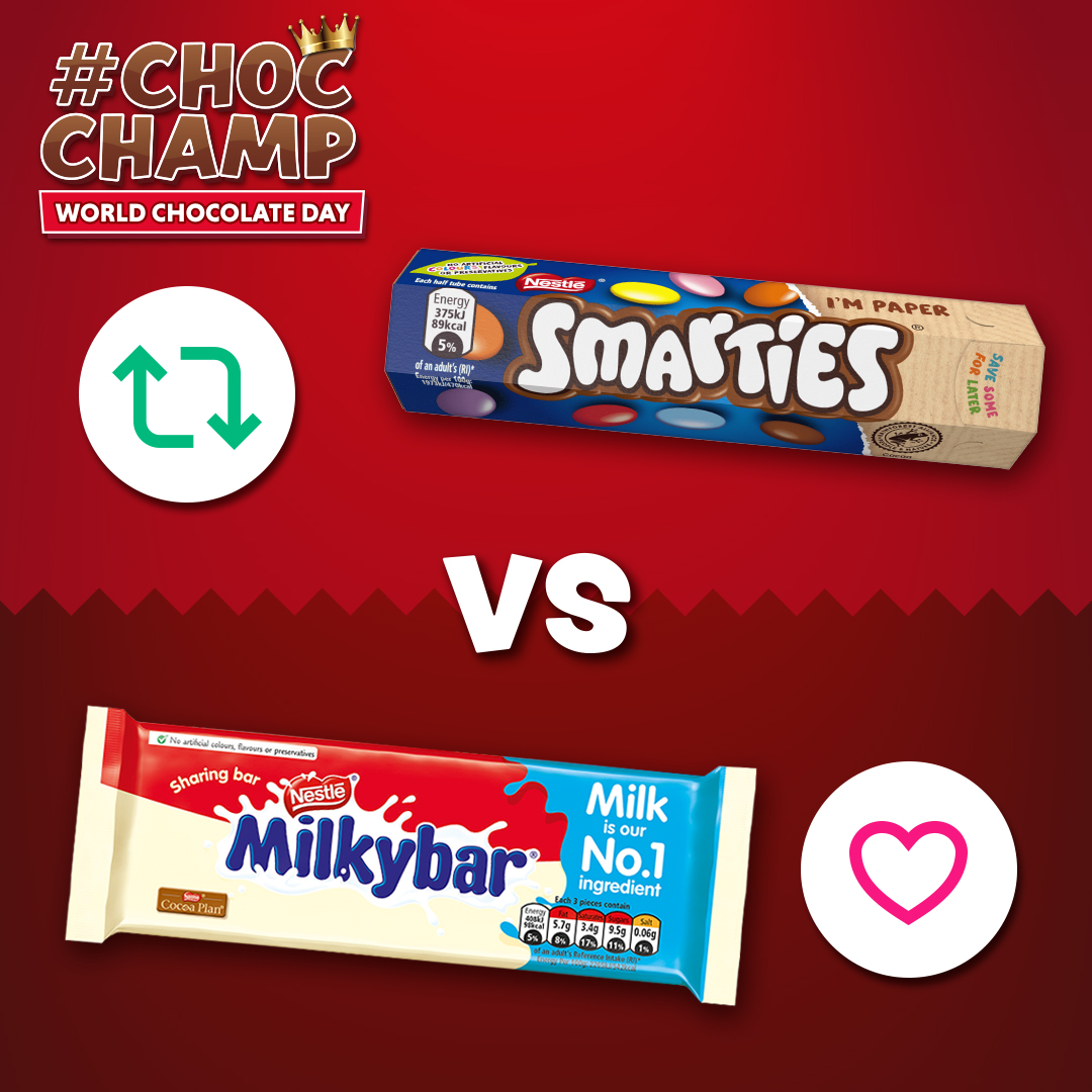 Who will be crowned the family’s favourite chocolate?! #WorldChocolateDay RETWEET for @SmartiesUKI LOVE for @MilkybarUKI #ChocChamp 🍫