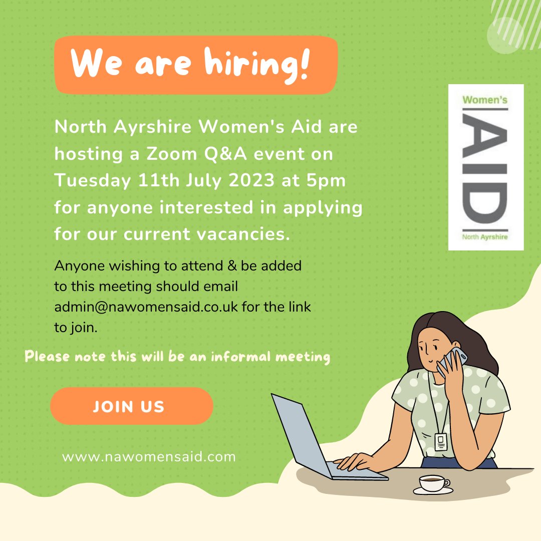 📢Reminder📢
Our Zoom Q&A is tomorrow for those wanting to attend and find out more about our job vacancies. Please email admin@nawomensaid.co.uk for the link to join by 1pm on Tuesday. Thank you!
.
#jobsinayrshire #northayrshire #nawa