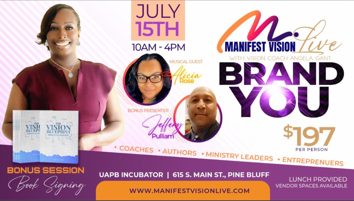 Join Angela Gant for Manifest Vision Live ~ Brand You on July 15, 2023. Register now for this transformative summit happening from 10am - 4pm at the UAPB Business Incubator in Pine Bluff, AR. Designed for faith-based entrepreneurs and ministry leaders! 

conta.cc/44fPzx5