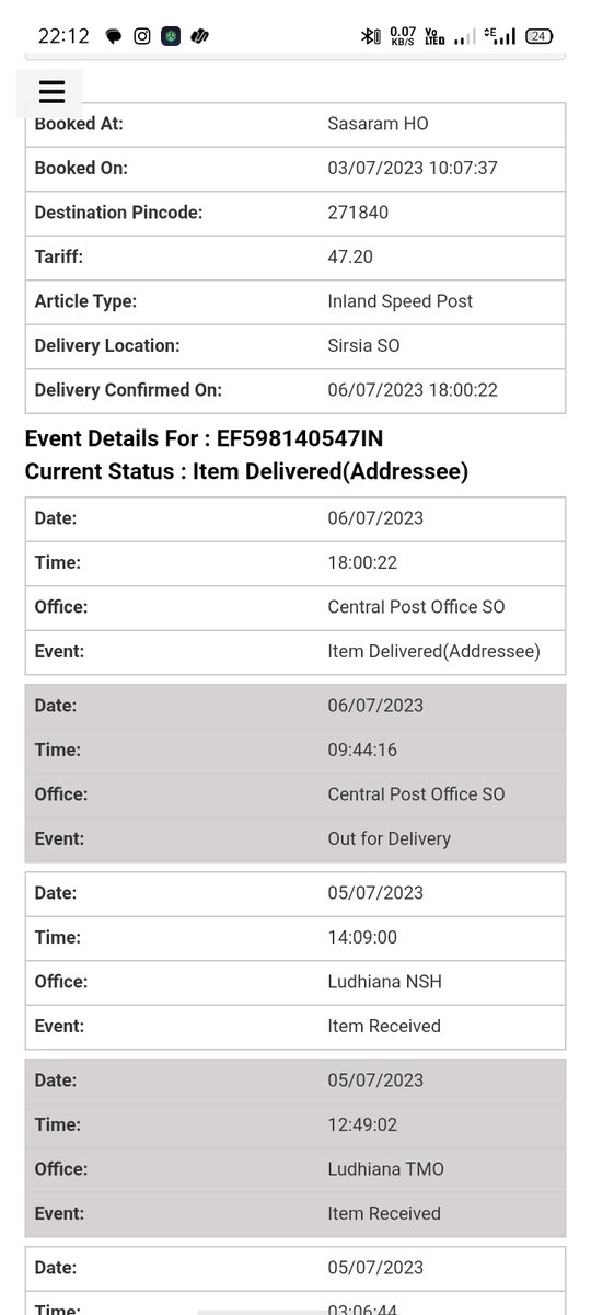 ashutoshpal2003's tweet photo. @IndiaPostOffice  स्पीड पोस्ट के जरिए अपना दवाई मगाया था जो की 6/07/2023 को tracking I'd के द्वारा दिखाया  जा रहा है की address pr delivery कर दिया गया है लेकिन अभी तक मुझे मेरा पार्शल नही मिला है 
कृपया उक्त प्रकरण को संज्ञान में लेकर उचित कार्रवाई करने की कृपा करें https://t.co/v36bFWctV4