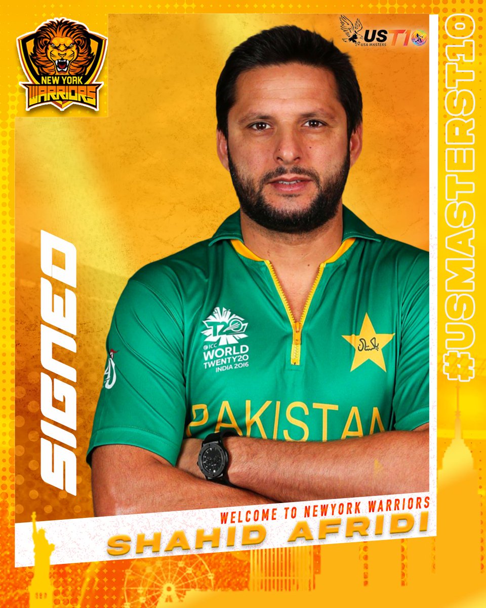 nywarriorst10's tweet photo. Join us in welcoming the legendary @SAfridiOfficial to the New York Warriors Team!
.
.
.
#WelcomeShahidAfridi #NewYorkWarriors #T10CricketLeague #CricketLegends #GameChanger #ExplosiveSkills #USMASTERST10 #USAMAstersT10 #USMASTERST10Draft @USMastersT10 @MKamranawan23 https://t.co/Shw8ZcrwRp