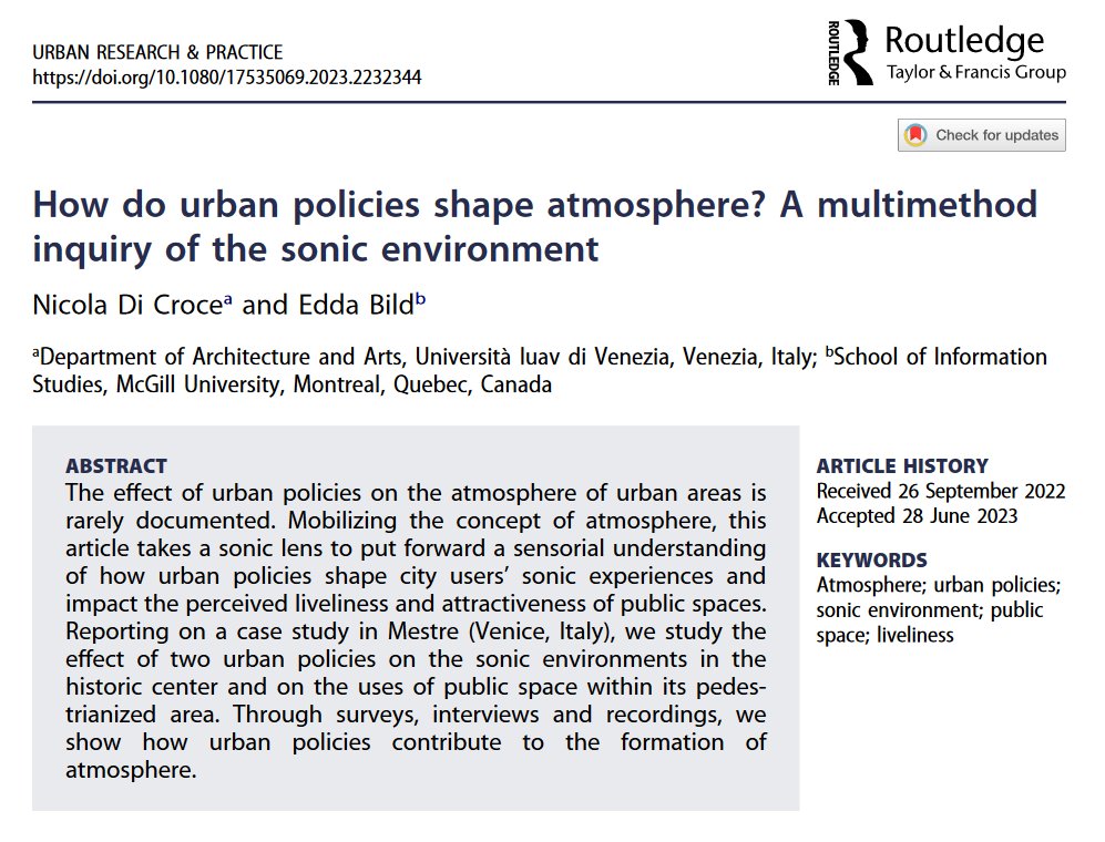 JournalURP's tweet photo. New research paper published by Nicola De Croce and Edda Bild

https://t.co/GhJDy9Y4lu

#atmosphere #urban #policies #sonic #environment #public #space #liveliness https://t.co/QNtG6Zfgab