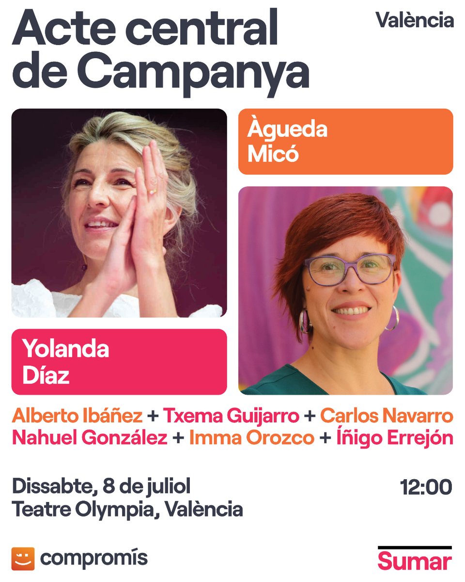 Demà ens veiem, València! ✨

A partir de les 12:00h estarem al Teatre Olympia amb els candidats i candidates al Congrés dels Diputats.

Vos esperem! 🩷

<a href="/Yolanda_Diaz_/">Yolanda Díaz</a> <a href="/aguedamico/">Àgueda Micó Micó</a> <a href="/alberto_aim/">Alberto Ibáñez i Mezquita 🍉</a> <a href="/TxemaGuijarro/">Txema Guijarro</a> <a href="/ierrejon/">Íñigo Errejón</a> <a href="/CreuantPortbou/">Carlos Navarro Cueva</a> <a href="/nah_gon/">Nahuel González López</a> <a href="/immaorozco/">Imma Orozco</a>