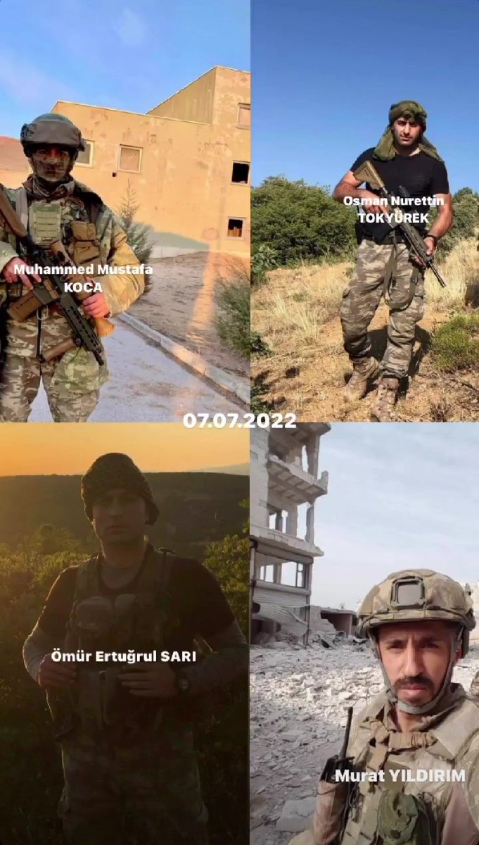Someone_tired07's tweet photo. Özel Kuvvetler Komutanlığı 07.07.2022 Şehitlerimiz;
Şehit P.Uzm.Çvş. Murat Yıldırım.
Şehit P.Uzm.Çvş. Osman Nurettin Tokyürek.
Şehit P.Uzm.Çvş. Ömür Ertuğrul Sarı.
Şehit P.Uzm.Çvş. Muhammed Mustafa Koca.
Aziz ve Asil Ruhları Şad Olsun. Asla unutmayacaksınız. https://t.co/6bbBd4yyUe