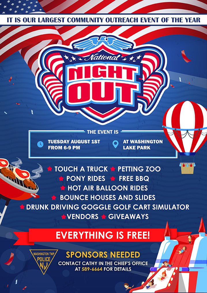 We still have sponsorships available for our award winning National Night Out. Please call Cathy in the Chief’s office for additional information and details.  589-6664