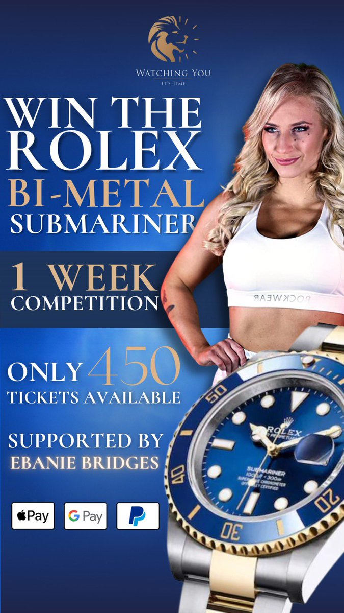 WATCHING YOU #ITSTIME (@watchingyoultd) on Twitter photo We have 12 Hours left for you to Enter the Rolex Submariner competition ✅
With only 191 tickets sold out of 450
Odds are looking insane for a 16k valued Rolex ✅
Get your tickets last minute on <a href="/EbanieBridges/">Blonde Bomber 🥊💁🏼♀️</a> link below ⬇️
watching-you.co.uk/?ref=BlondeBom… We have 12 Hours left for you to Enter the Rolex Submariner competition ✅
With only 191 tickets sold out of 450
Odds are looking insane for a 16k valued Rolex ✅
Get your tickets last minute on <a href="/EbanieBridges/">Blonde Bomber 🥊💁🏼♀️</a> link below ⬇️
watching-you.co.uk/?ref=BlondeBom…