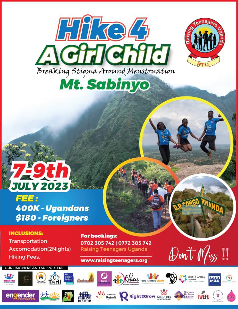 youthchaperonug's tweet photo. We are thrilled to join @RaisingTeensUg1 & other partners for the #Hike4GirlsUg 6th edition as we hike to break menstrual stigma and undo the taboos, dismantle the silence & myths framed around menstruation. And stand in solidarity with women & girls living in mountianous areas. https://t.co/LaWot1fJAV