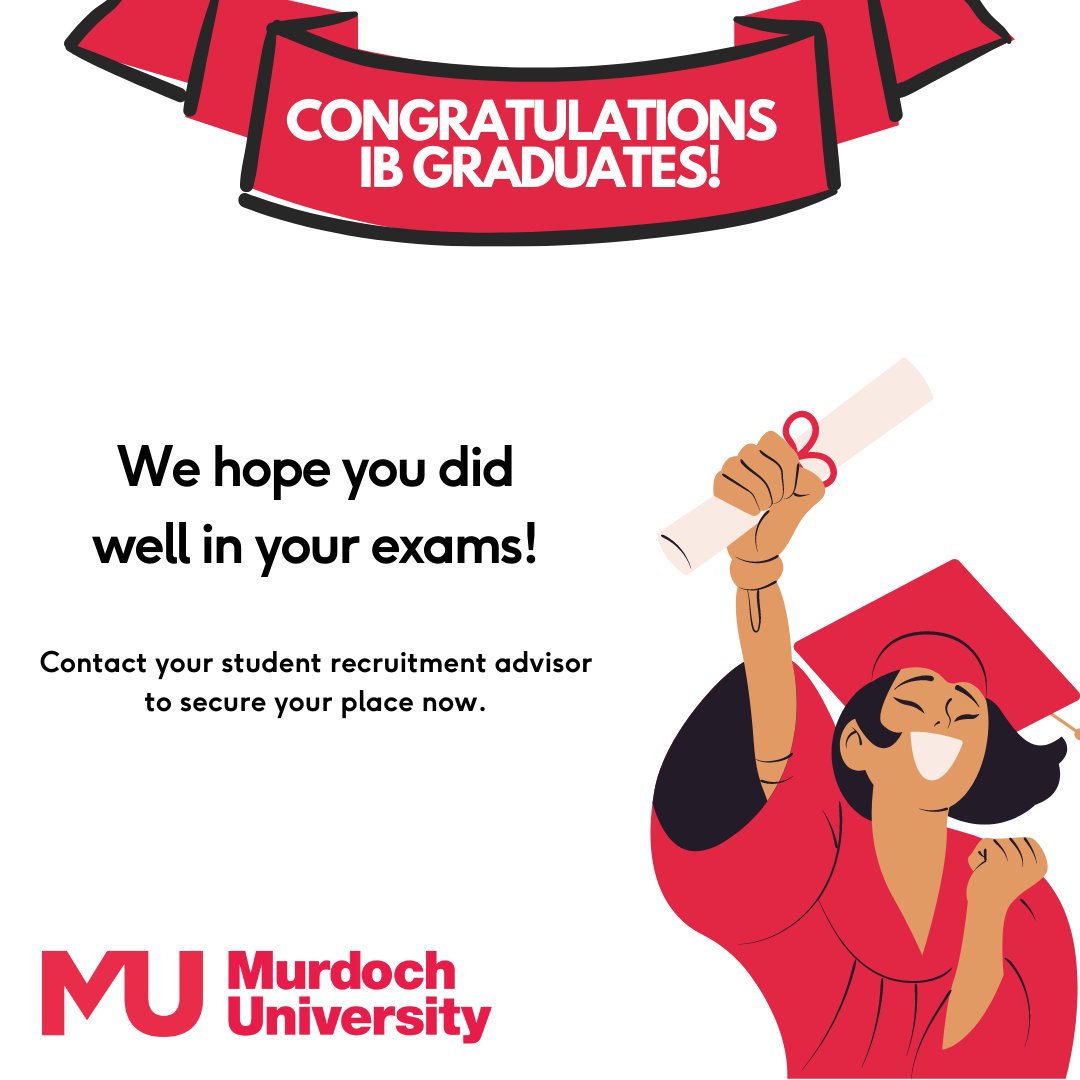 Congratulations all IB graduates, we hope you did well in your exams! 

Take advantage of our 5% early application fees discount, by contacting your student advisor to secure your place now.

#IB #MurdochUniversityDubai #application #scholarship #IBresults #universitydubai