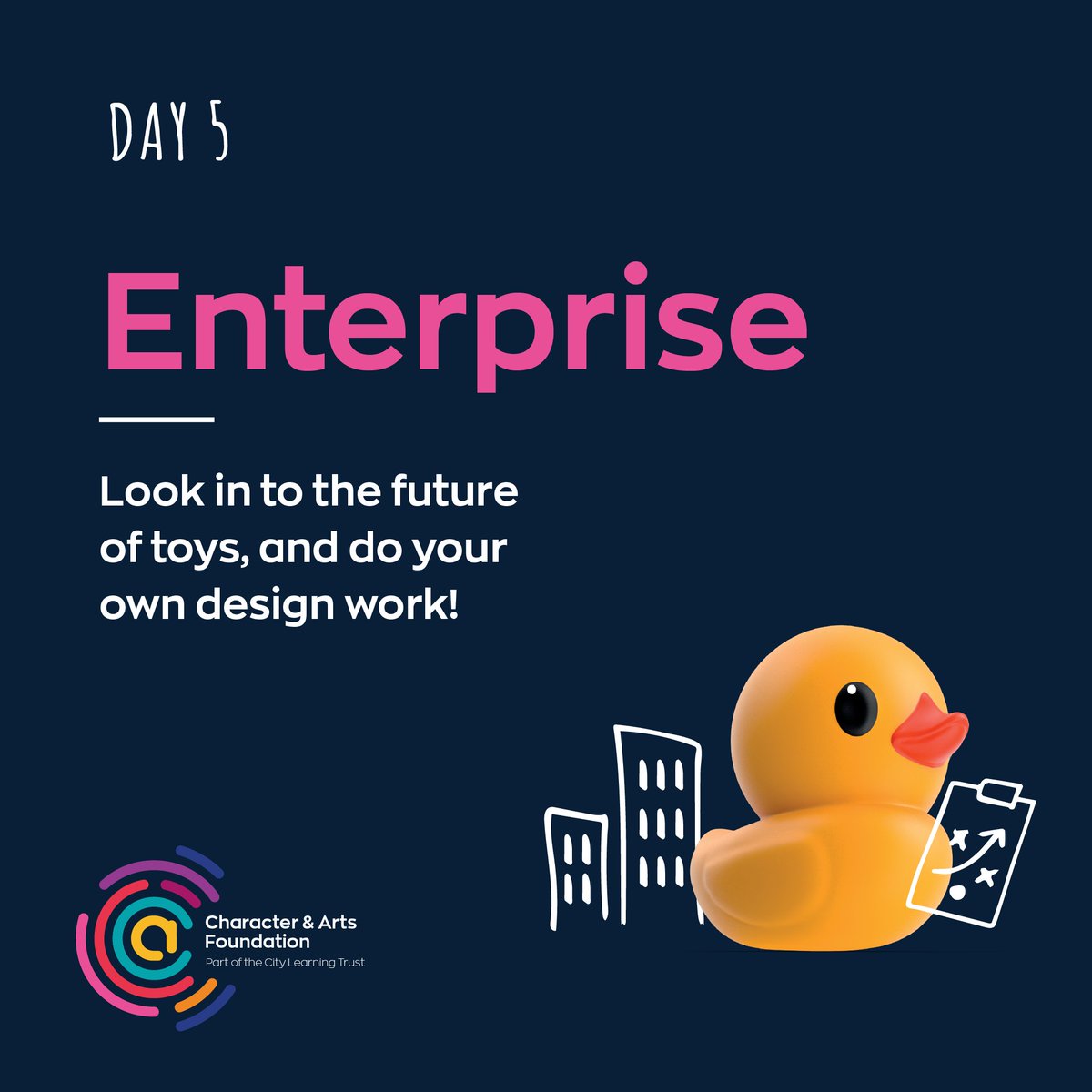 After a great week of time travelling into the past, it's time to look to the future 🔮

Day 5: Enterprise 🪀

The future of toys, what do you think they'll look like? On July 14th, all will be revealed 👀 #CandAatCLT

Download your resources here ➡️ citylearningtrust.org/character-and-…