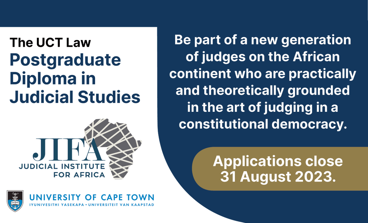 JIFA_Official's tweet photo. Apply now! Join the @UctLaw Postgraduate Diploma in Judicial Studies and be part of a new generation of judges on the African continent who are practically and theoretically grounded in the art of judging in a constitutional democracy. https://t.co/eJfOIKD5FS
#judicialstudies https://t.co/apgthvjR3f