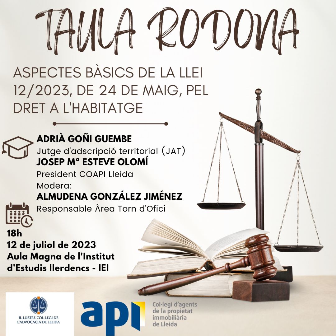 apilleida's tweet photo. 📌 API LLEIDA 2023‼️

📣 Taula rodona sobre els aspectes bàsics de la Llei 12/2023, de 24 de maig, pel dret a l'habitatge

🎓 Adrià Goñi - Jutge d'adscripció territorial (JAT)

🎓 Josep M Esteve - President COAPI Lleida

Modera: 

Almudena González - Responsable àrea torn ofici https://t.co/70te11ZdeY