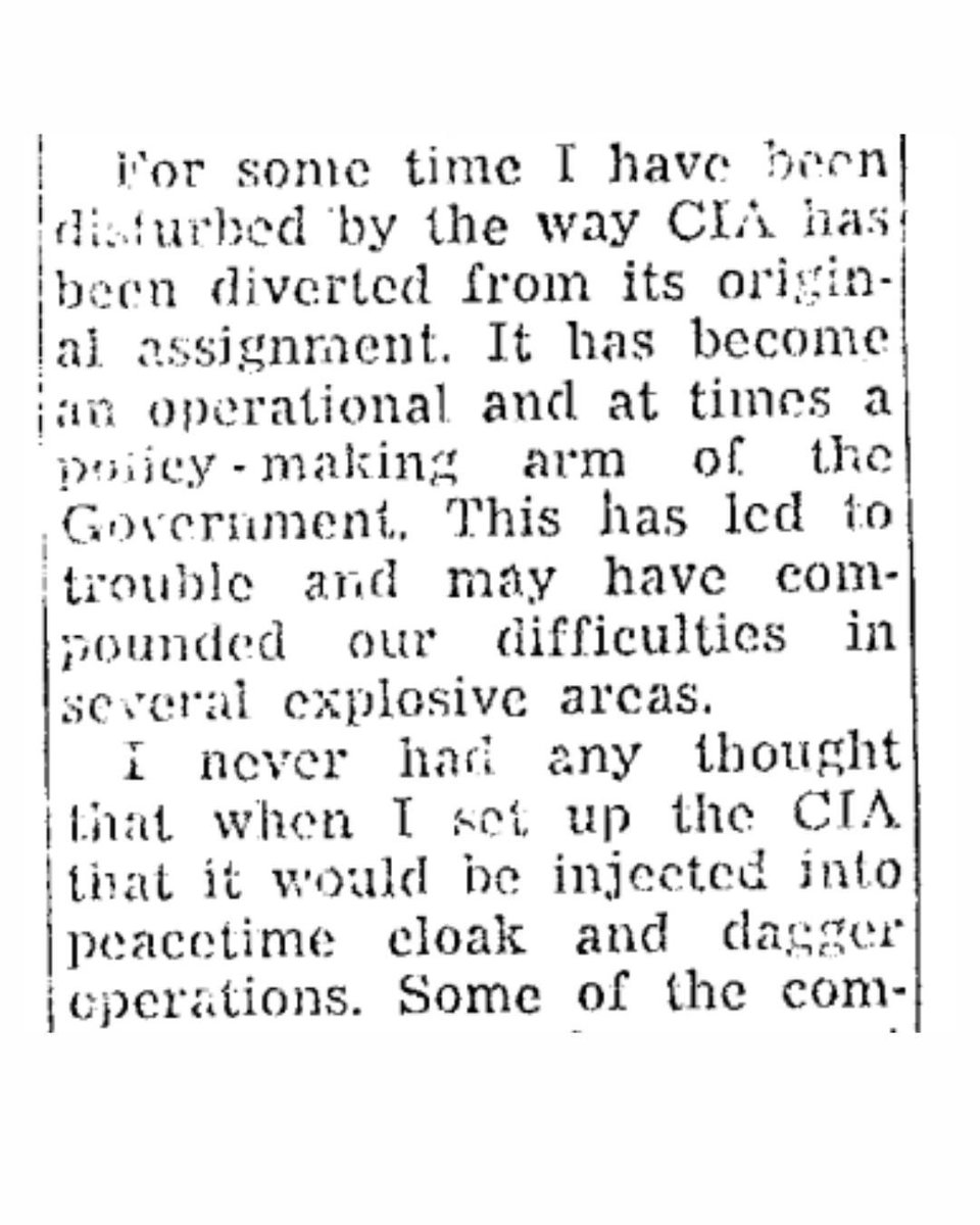 TulsiGabbard's tweet image. 16 years after creating the CIA, in an op-ed titled “Limit CIA Role To Intelligence,” President Truman wrote: “For some time I have been disturbed by the way the CIA has been diverted from its original assignment. It has become an operational and at times a policy-making arm of…