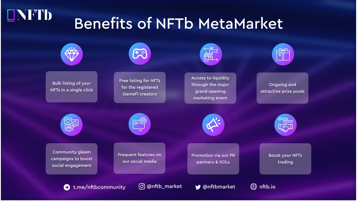 nftbarab's tweet photo. أطلق العنان للمزايا التي يجلبها MetaMarket من NFTb لمشاريع #gaming !

🎮 قم بزيادة أعداد اللاعبين النشطين
👋Engage مع مجتمع NFTb
🤝 الوصول إلى شبكة شركاء إستراتيجية
🌱 زيادة السيولة وتنمية المجتمع
💵 تمكين تداول السوق الثانوي لـ NFTs داخل اللعبة

$NFTB #gamefi https://t.co/CbIdGPcJeS