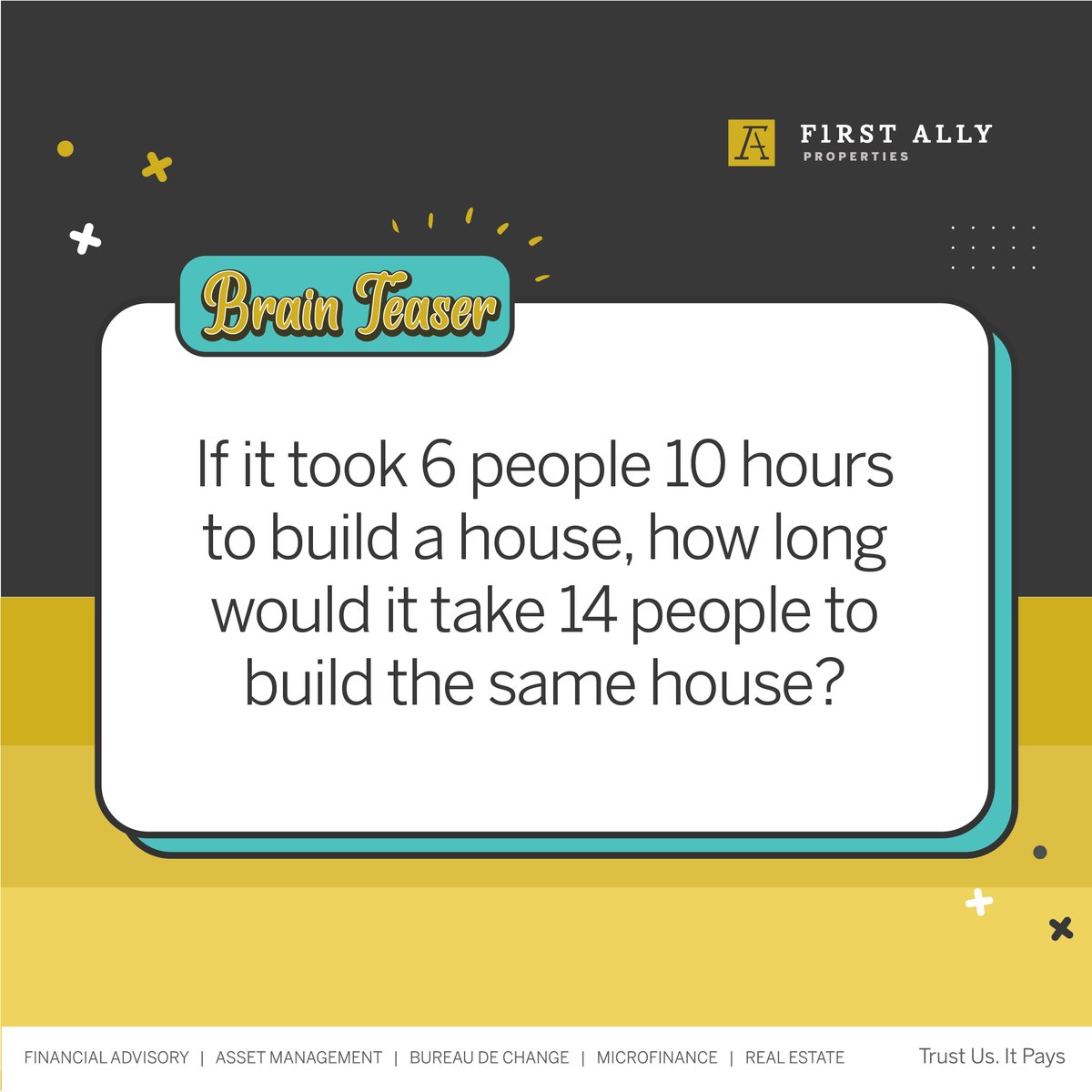 FA_Properties's tweet photo. Here's a brain-teaser for all you math whizzes out there: If it took a team of 6 people 10 hours to build a house, can you guess how long it would take a squad of 14 people to tackle the exact same house?
Drop your answer in the comments👇!
#Fapl #BrainTeaserTime #MathPuzzles https://t.co/sjRYDzferS