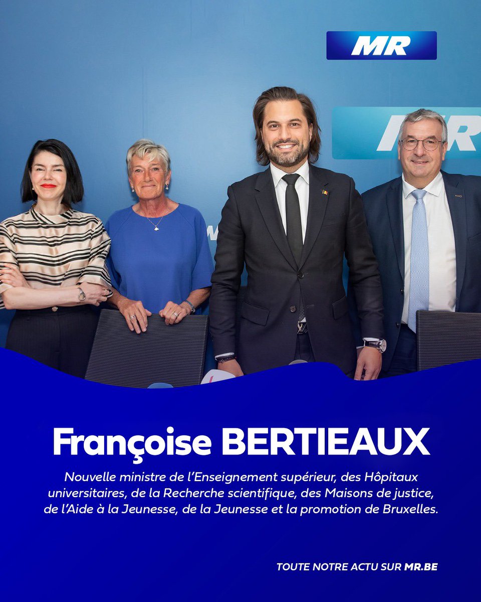 GLBouchez's tweet photo. 🤝🏻 Le #MR a fait le choix de l’expérience et de l’expertise en désignant Françoise Bertieaux pour succéder à @valerieglatigny 

⚠️ Il était important de pouvoir compter sur quelqu’un de directement opérationnel, compte tenu du peu de temps restant à ce gouvernement.

💬 « C’est le come-back de Michael Jordan » a déclaré le président du MR Georges-Louis Bouchez en présentant Françoise Bertieaux à la presse. 

📘 On ne présente plus la Bruxelloise, qui avait en effet quitté la vie politique en 2019, après avoir siégé pendant 20 ans au Parlement de la Fédération Wallonie-Bruxelles, dont 15 en tant que cheffe de groupe.

➕ @PYJeholet sera désormais en charge du sport et de la promotion sociale en plus de sa fonction de Ministre Président.

📌 Plus d’infos : https://t.co/Ae2TL3ntN3

✍🏼 Vous souhaitez rejoindre la famille libérale et soutenir ses actions ? Rejoignez-nous ! https://t.co/TjFBNML0rx

#Fierdetreliberal #Fieredetreliberale #Belgium #Enseignement #Ministre