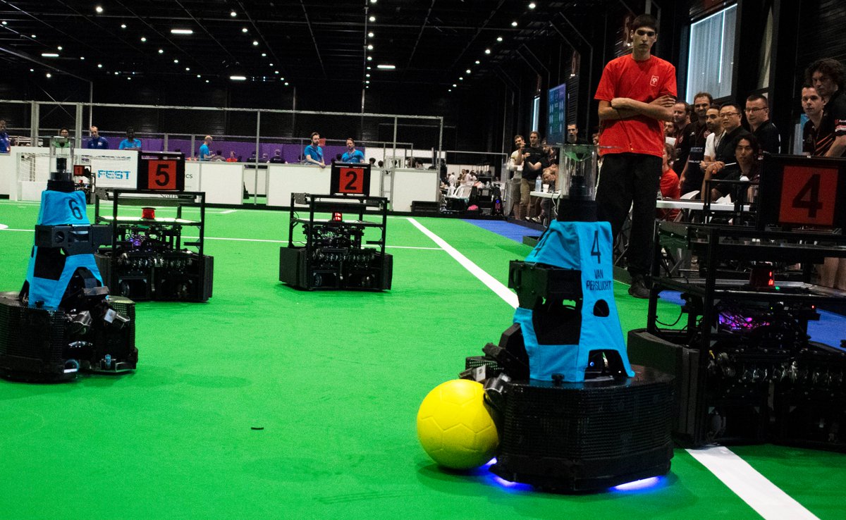 TechUnited's tweet photo. Tech United vs RCT : 14- 0. What a game, lots of action. Well done everyone! 

#Robotics #Soccer #Football #Voetbal #Tue #RoboCup2023 https://t.co/sqSLec3b07