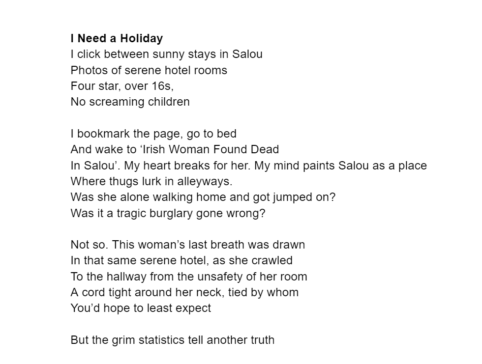 Suaimhneas síoraí ar Kirsty Ward, Éireannach a maraíodh in Salou an tseachtain seo 💔

1 in every 2 femicide victims is killed by a current or former male intimate partner -<a href="/Womens_Aid/">Women's Aid Ireland</a>