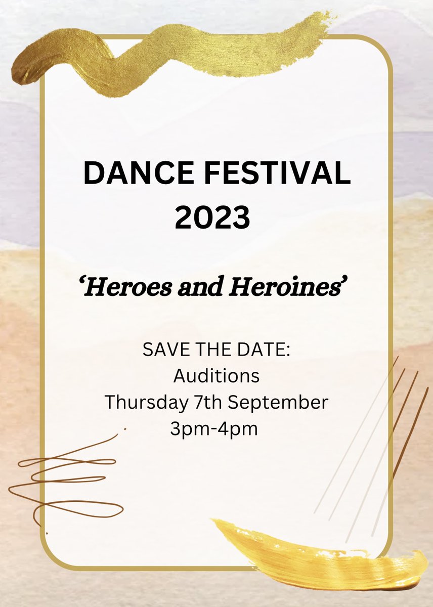 Save the date: 
Auditions for the 2023 Dance Festival 
Thursday 7th September. 
#TeamMillfield
#BeExceptional