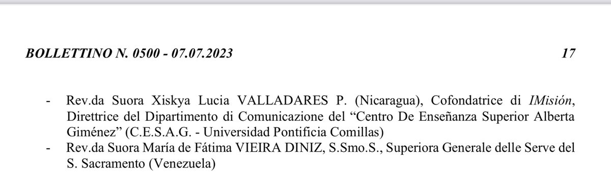 Me siento muy honrada de haber sido invitada por el Papa <a href="/Pontifex_es/">Papa León XIV</a> a participar como miembro del <a href="/Synod_va/">Synod.va</a> . Un sínodo en que por primera vez las mujeres elegidas tendremos derecho a voto. Y por primera vez el Continente digital estará representado. 

Espero escuchar la voz