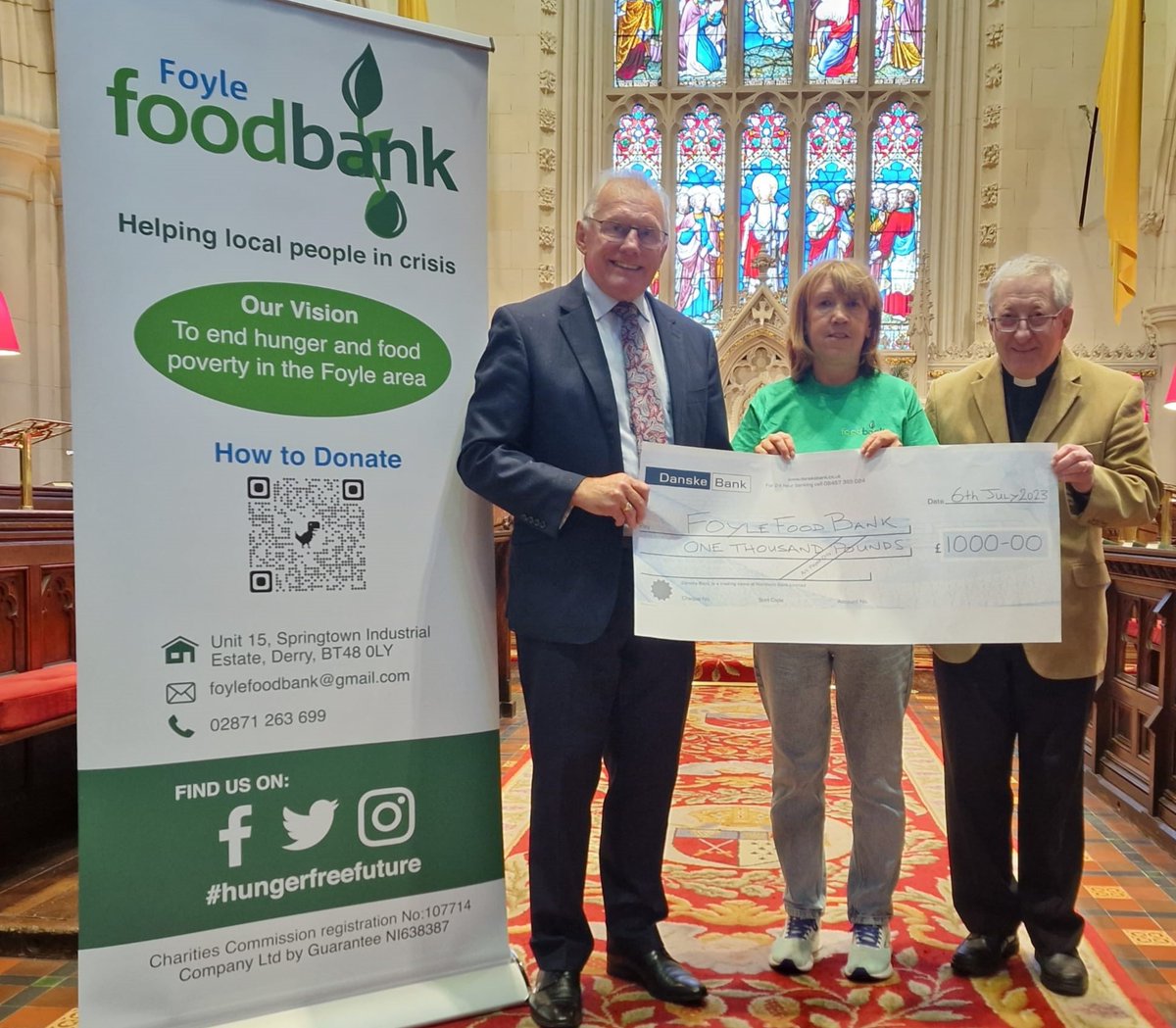 lord_Lieut_cbld's tweet image. Our Lord Lieutenant was delighted to join with Rev Cannon Raymond Stewart, Dean of St Columb’s Cathedral in handing over a Cheque for £1000 to Louise Kane, representing Foyle Foodbank following a collection taken at the recent Coronation Service at St Columb’s Cathedral.