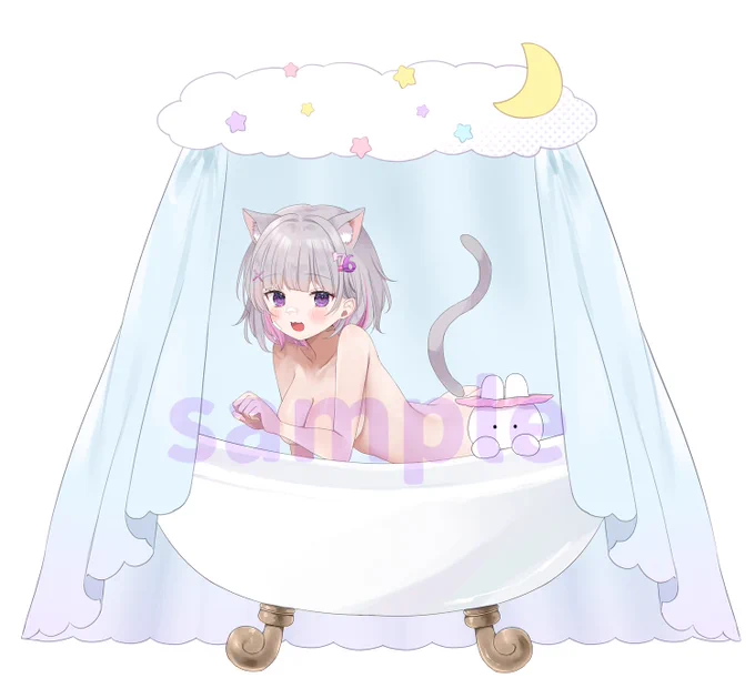 【お知らせ】 まほろば所属 さとうなむ様 (#_310_76_)のお誕生日記念グッズのイラストを担当させていただきました! アクリルジオラマなのでお風呂に入ってる様子が立体的に…   