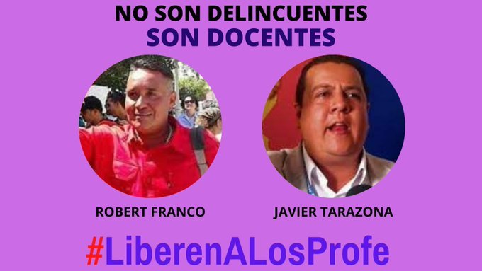 grisisanch's tweet photo. No es justo que los profesores Robert Franco y Javier Tarazona estén en prisión

Preocuparse por la Soberanía y por Mejores Salarios para los Maestros no es delito

NO son CRIMINALES

NO son ASESINOS

NO son CORRUPTO

Están presos por ejercer la defensa de los derechos humanos https://t.co/VwMaN8qDxG