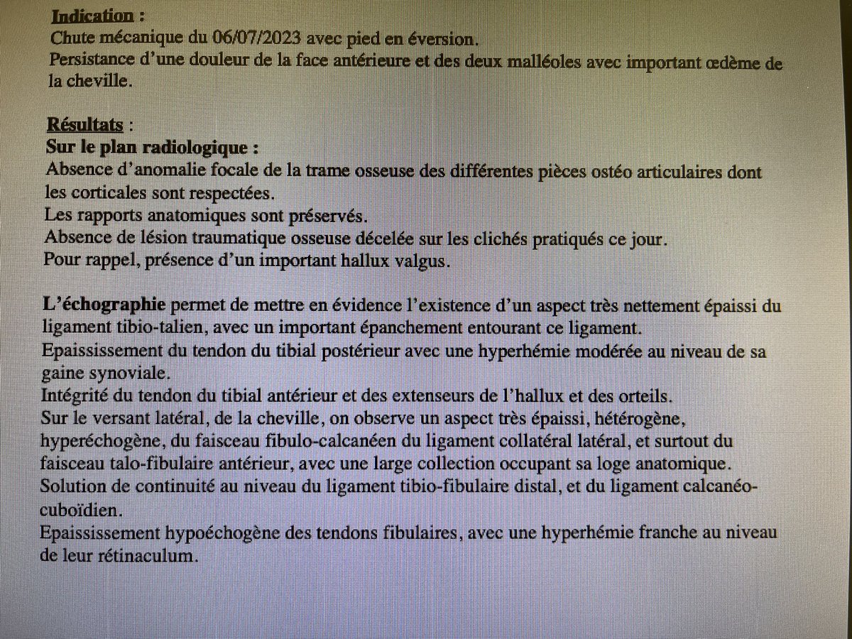 bertinmarion4's tweet photo. #doctoctoc H 73 ans , sportif , entorse sévère 06/07  attelle depuis un mois avec kine mais devant œdème et boiterie une écho  a été réalisé qui retrouve un important épaississement de plusieurs ligaments avec des collections. Légère amélioration des symptômes mais persistance https://t.co/bYBKCpX5rM