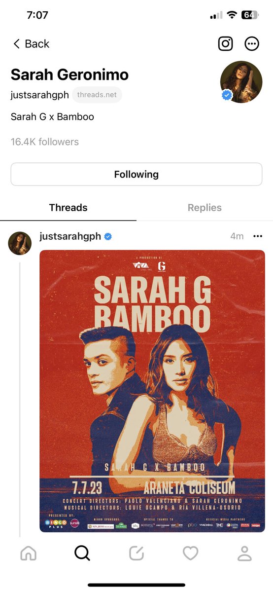 AngelOfPeaceTea's tweet photo. Kaloka si Sarah Geronimo may THREADS account na pala siya tapos ngayon pa nagpromote kung kelan concert na nila ni Bamboo shutacca @JustSarahG bwahahahahahahahaha! 

THE POPSTAR ROYALTY
SARAHGxBAMBOO CONCERT
#AshBooRocksTheAraneta 
#AshBooConcert #SarahGXBamboo https://t.co/lSkyD4k2cL