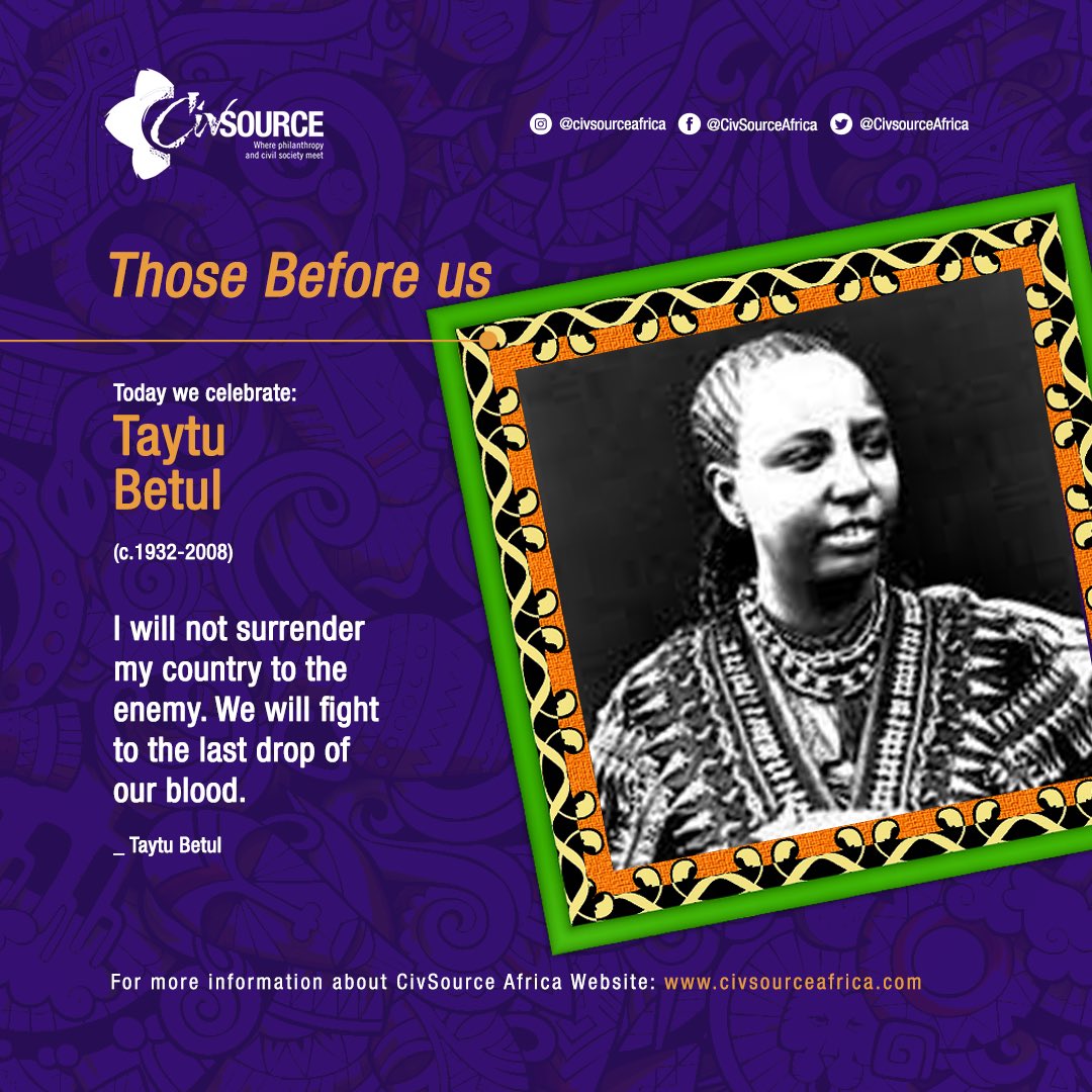 CivsourceAfrica's tweet photo. 🖤#ThoseBeforeUs 
Taytu Betul 🇪🇹
(c.1932-2008)

She was, an extraordinary queen &amp; empress of Ethiopia, continues to inspire us. 
_
Battle of Adwa…
After seeing her soldiers beginning to lose heart, she dismounted, removed her veil, &amp; yelled, “Courage! Victory is ours! Strike!” https://t.co/AFLtSbC8dj
