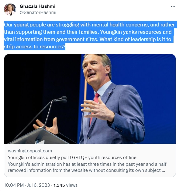 bluevirginia's tweet photo. "Our young people are struggling with mental health concerns, &amp; rather than supporting them &amp; their families, Youngkin yanks resources &amp; vital information from government sites. What kind of leadership is it to strip access to resources?" - @SenatorHashmi https://t.co/DALGnqhtmu https://t.co/LbLXXbYykS